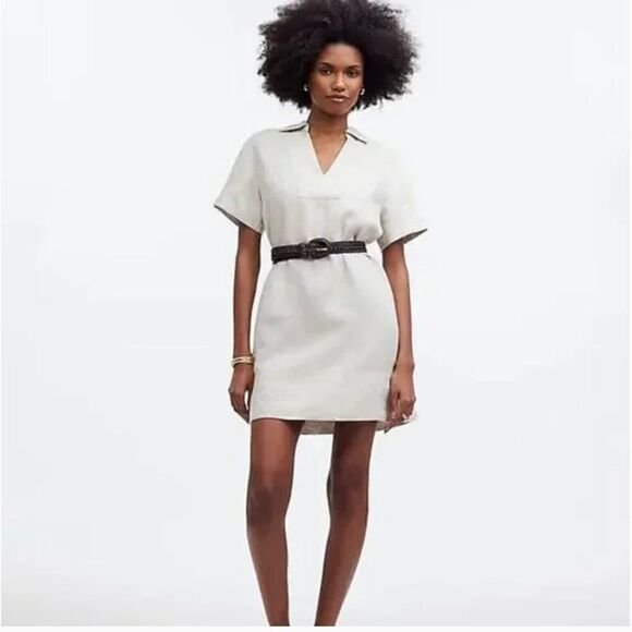 Madewell NQ627  V-Neck Mini Dress in 100% Linen in Natural size xxs - Picture 3 of 7